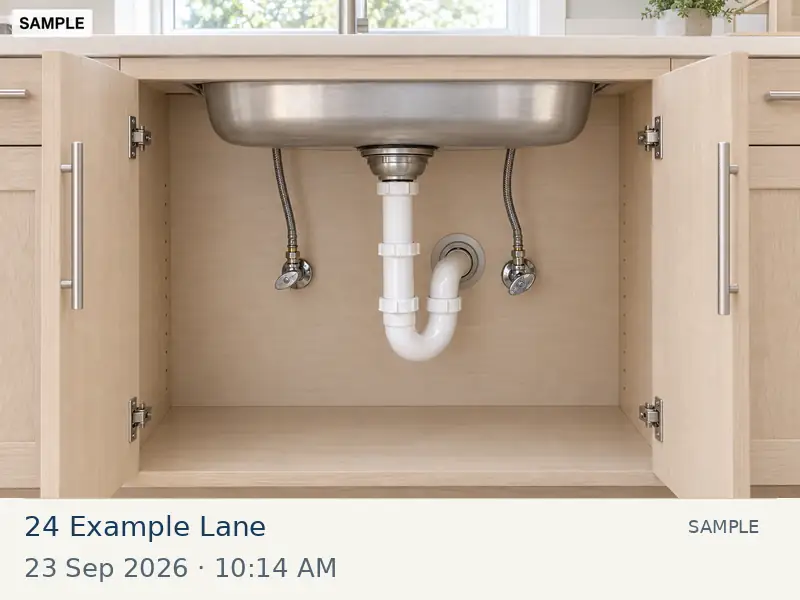 Sample visual check beneath a kitchen sink showing a dry cabinet base, with a fictional address and example timestamp.