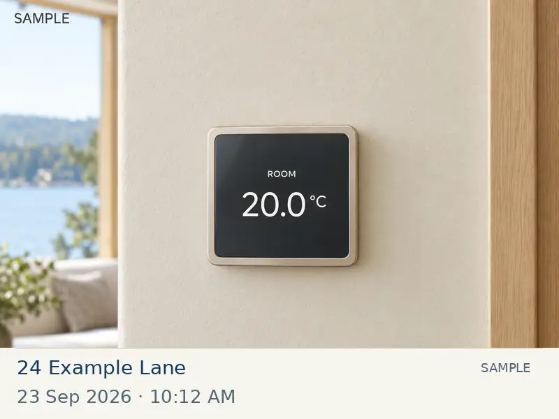 Sample thermostat check showing a room temperature of 20.0 degrees Celsius, with a fictional address and example timestamp.